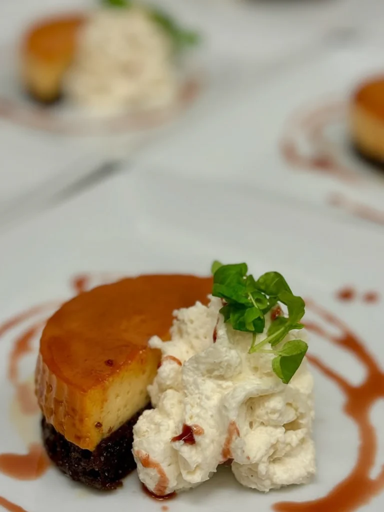 Plated Dessert with Cream and Caramel Sauce prepared as a Jetfinity catering selection