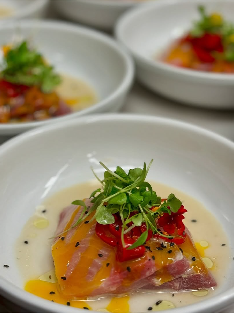 Sashimi Appetizer with Peppers and Greens prepared as a Jetfinity catering selection