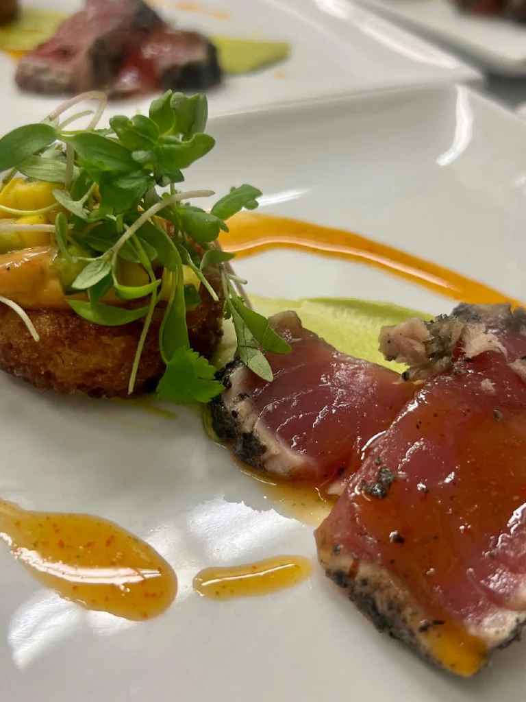 Seared Tuna and Croquette Plate prepared as a Jetfinity catering selection