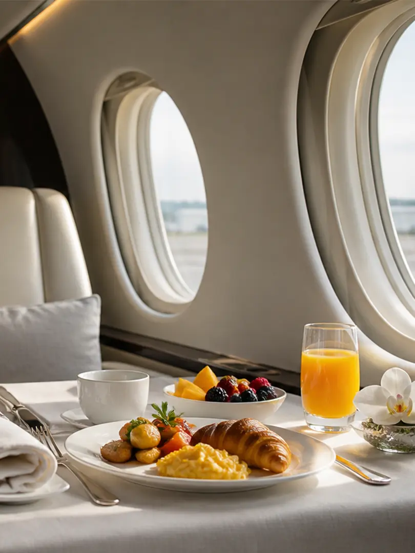 Private jet breakfast service with croissant, eggs, fruit, and juice